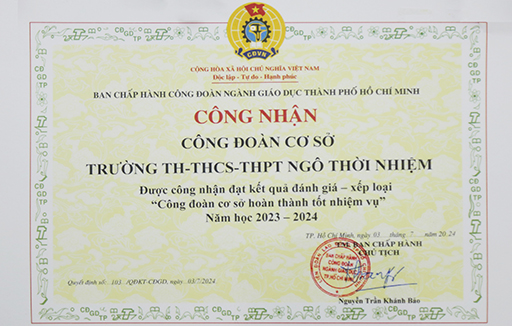 Công nhận Công đoàn cơ sở hoàn thành tốt nhiệm vụ năm học 2023 - 2024