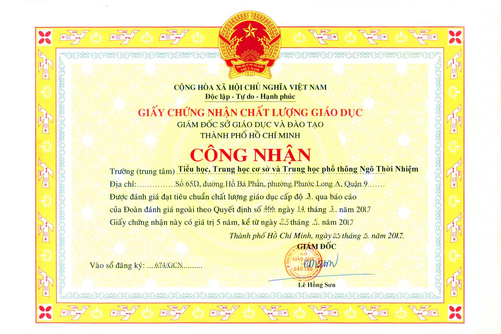 Trường đạt tiêu chuẩn chất lượng giáo dục cấp độ 3 năm 2017