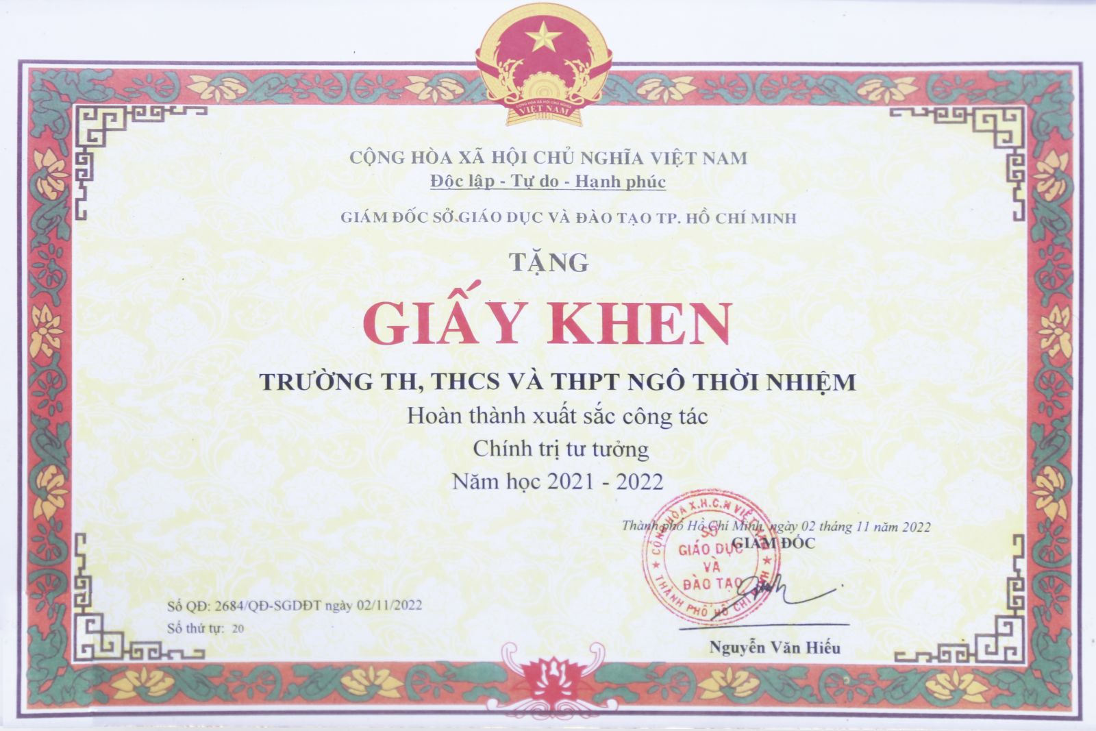 Giấy khen hoàn thành Xuất sắc công tác Chính trị tư tưởng năm học 2021 - 2022
