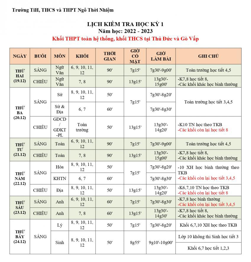 [HCM] Lịch kiểm tra Học kỳ 1 - Năm học 2022 - 2023