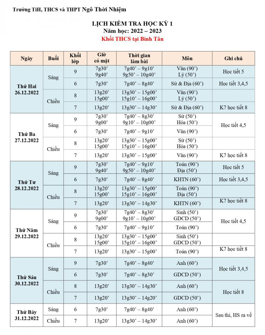 [HCM] Lịch kiểm tra Học kỳ 1 - Năm học 2022 - 2023
