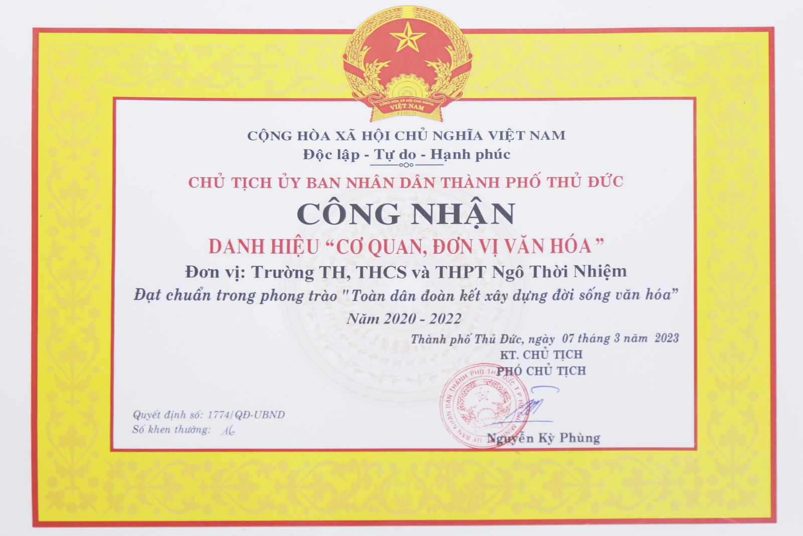 Trường đạt danh hiệu Cơ quan, đơn vị văn hóa năm 2020 - 2022