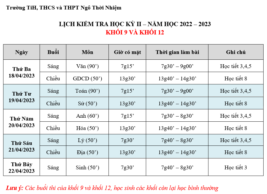 [HCM] Lịch kiểm tra Học kỳ 2 - Năm học 2022 - 2023