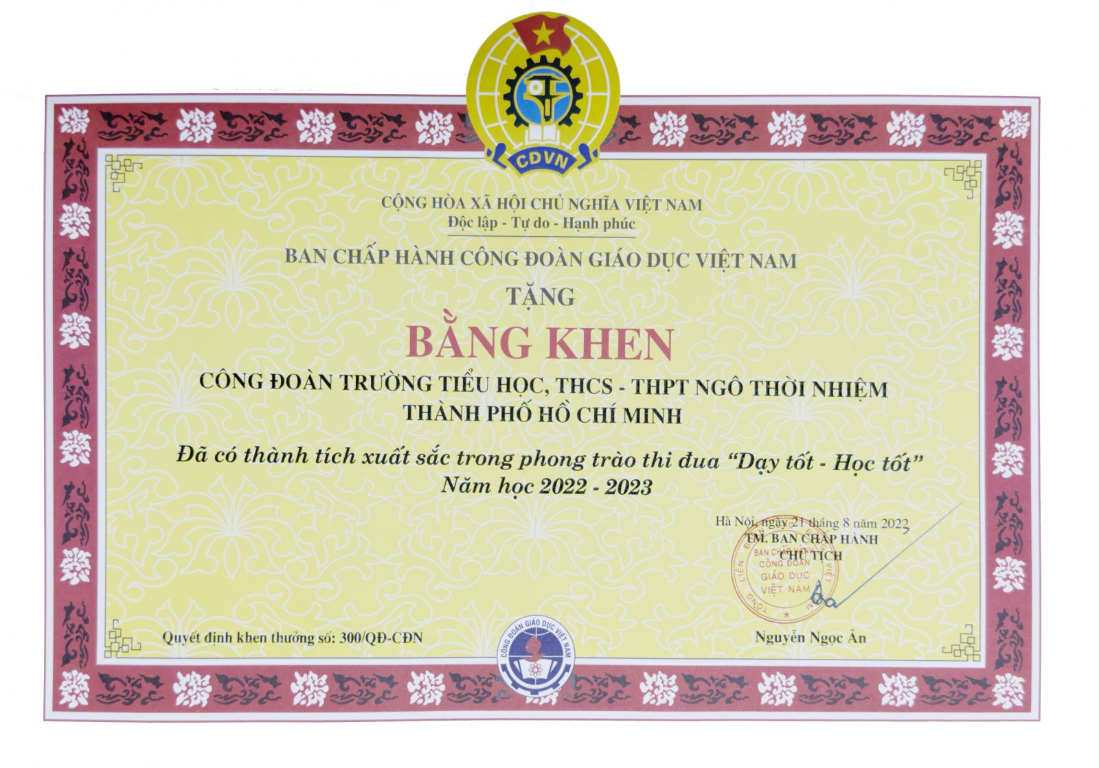 Bằng khen Đã có thành tích xuất sắc trong phong trào thi đua Dạy tốt - Học tốt năm học 2022 - 2023 