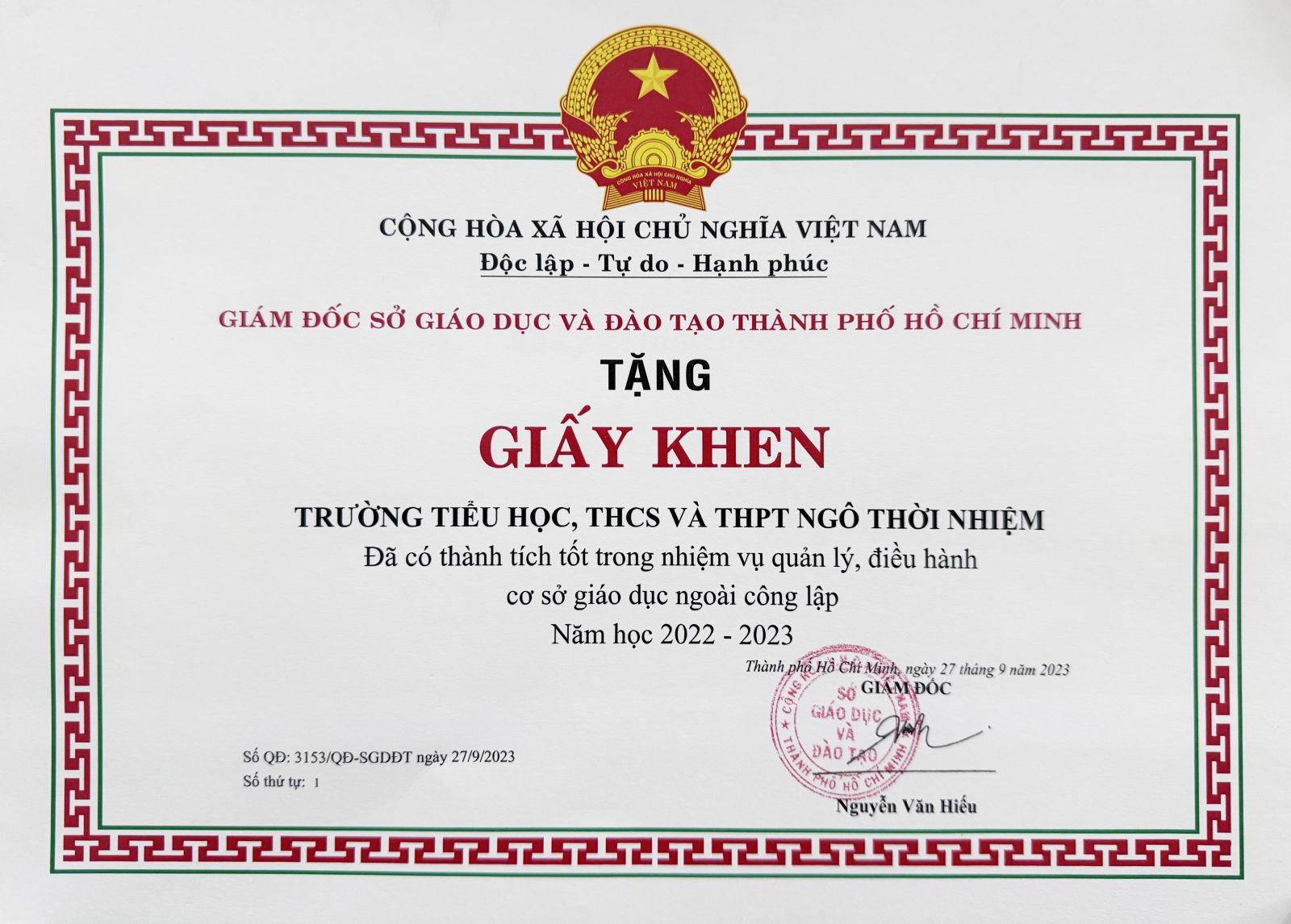 Giấy khen trường Đã có thành tích tốt trong nhiệm vụ quản lý, điều hành cơ sở giáo dục ngoài công lập năm học 2022-2023