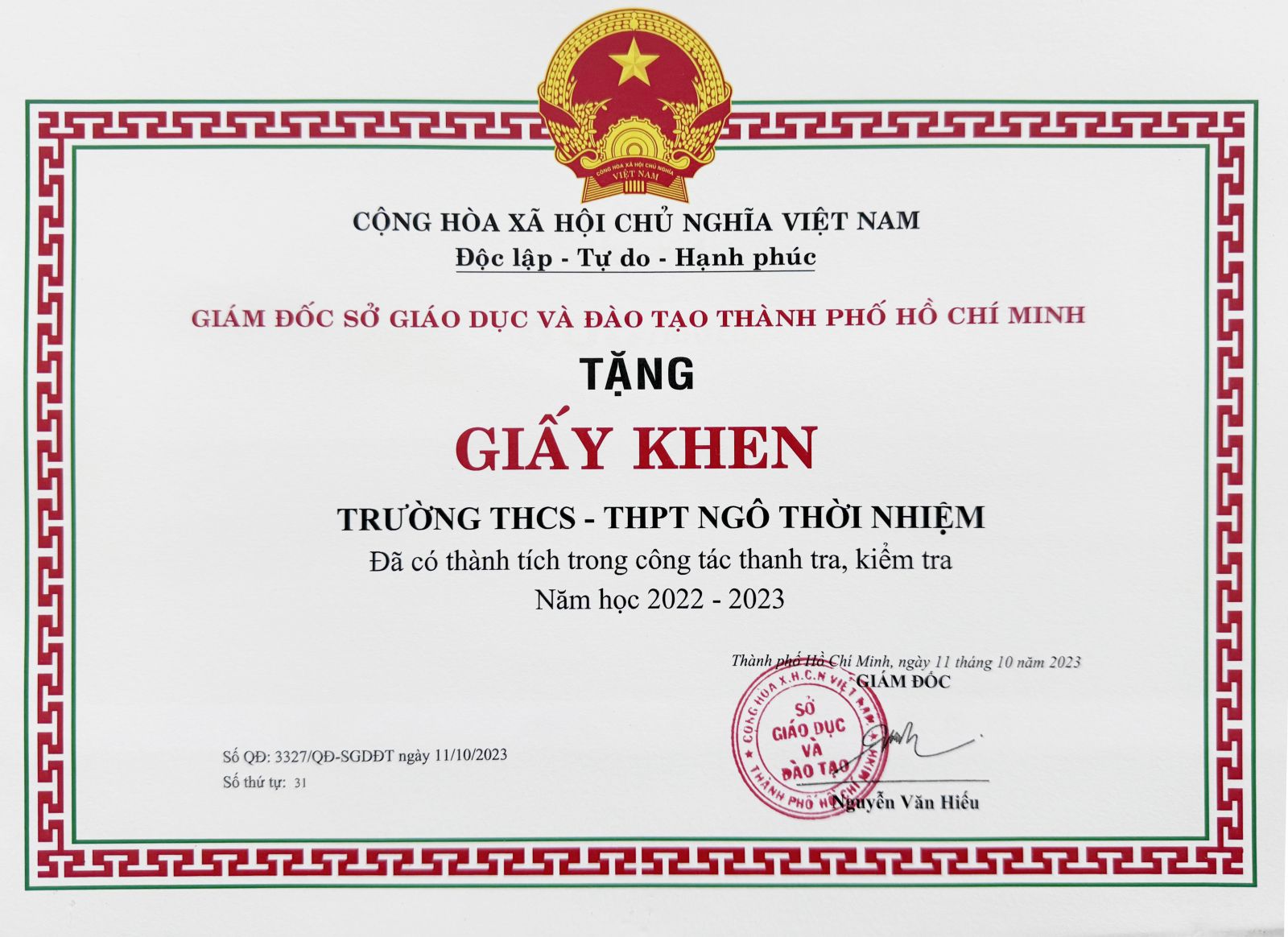 Giấy khen trường Đã có thành tích tốt trong công tác thanh tra, kiểm tra năm học 2022-2023