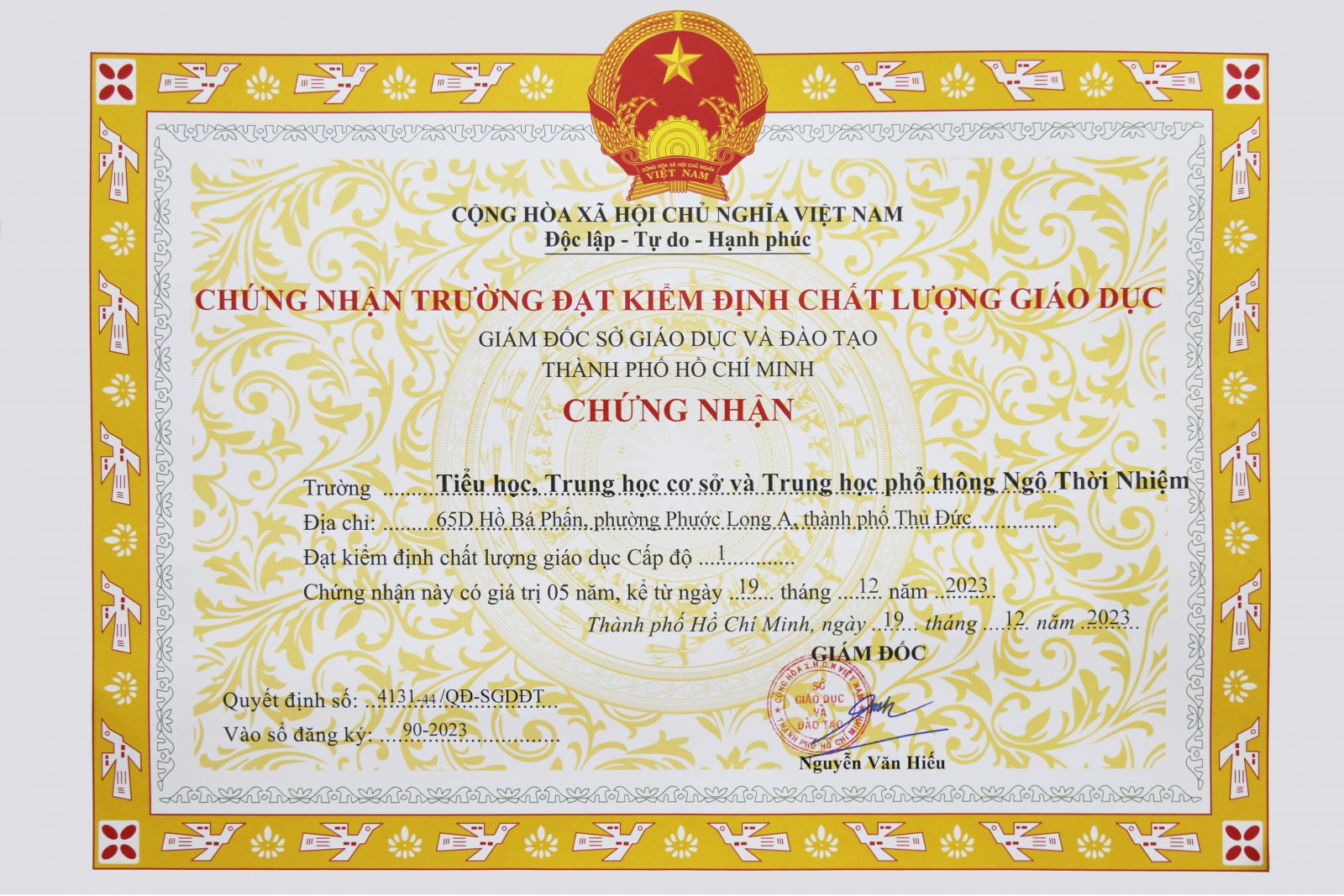 Trường Đạt kiểm định chất lượng giáo dục Cấp độ 1 năm 2023