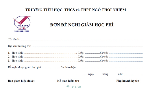 Biểu mẫu Đơn đề nghị giảm học phí