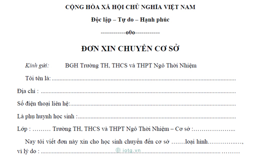Biểu mẫu Đơn xin chuyển cơ sở trong hệ thống trường