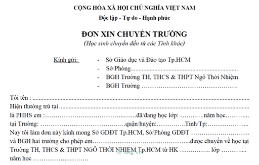 Biểu mẫu Đơn xin chuyển trường ngoài Tp. HCM