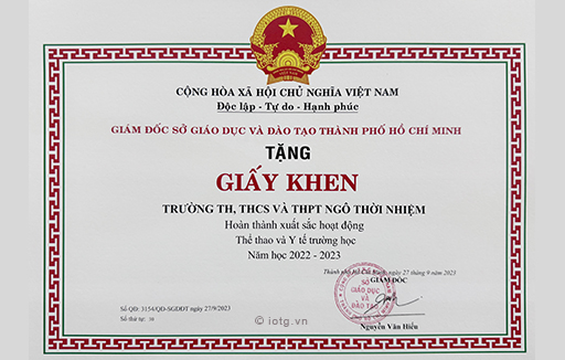 Giấy khen trường Đã Hoàn thành xuất sắc hoạt động Thể thao và Y tế học đường năm học 2022-2023