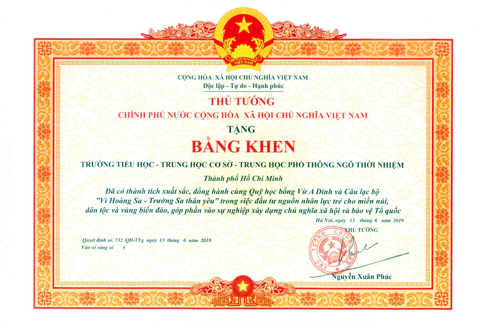 Bằng khen của Thủ tướng chính phủ năm 2019