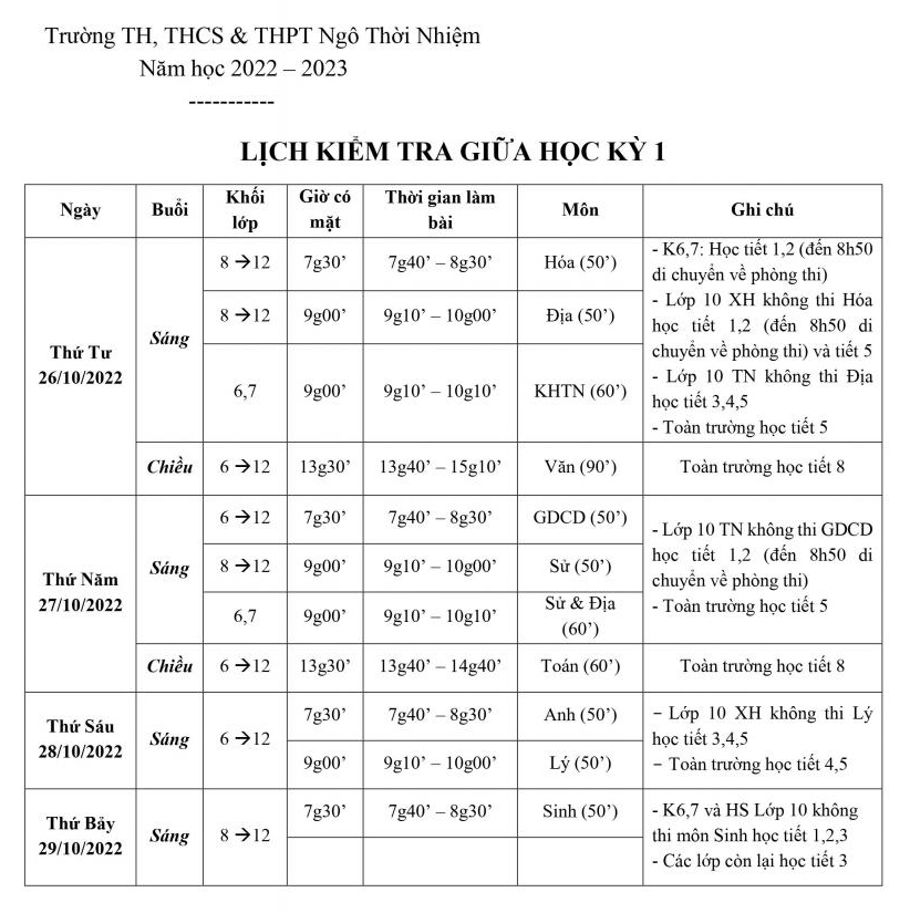 [HCM] Lịch kiểm tra Giữa Học kỳ 1 - Năm học 2022 - 2023