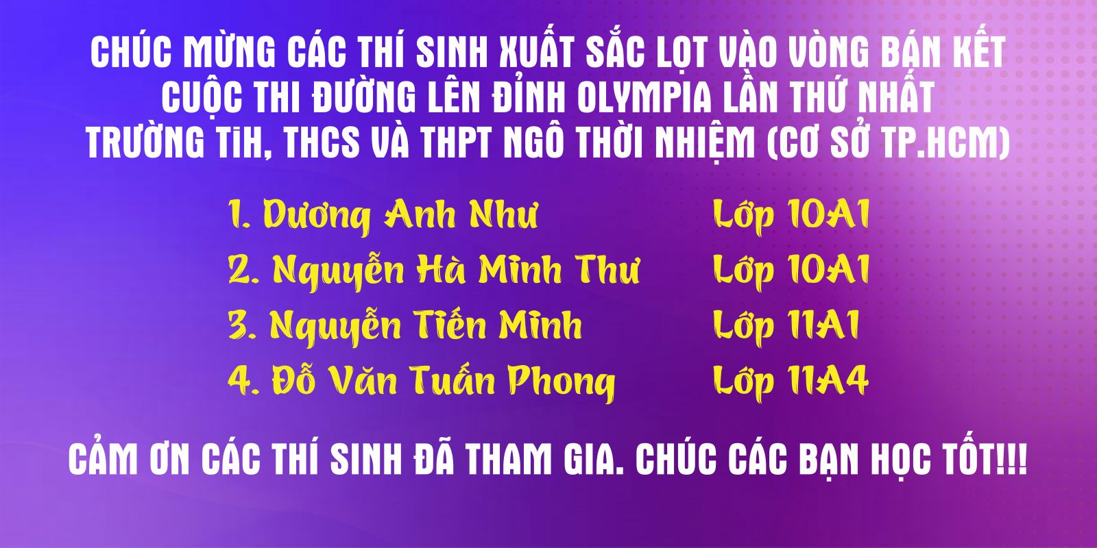 Danh sách học sinh vào vòng bán kết cuộc thi Đường lên đỉnh Olympia - Lần 1